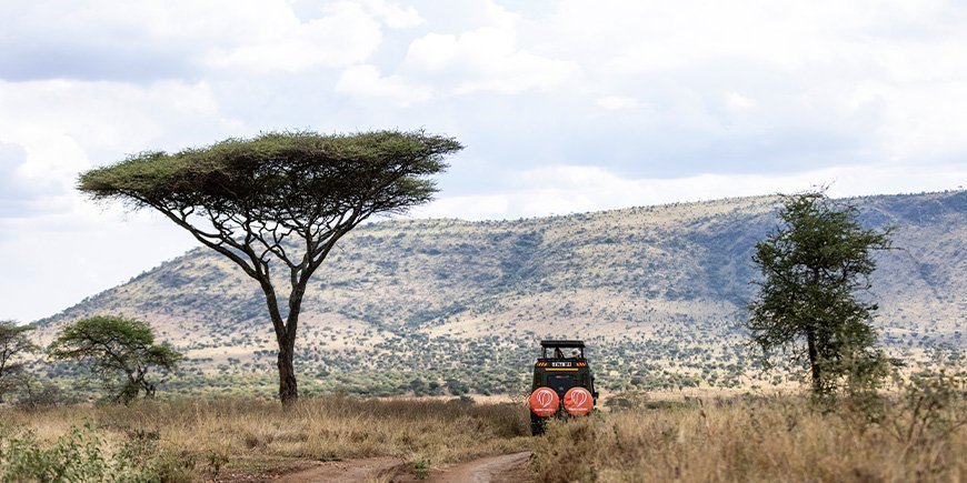 Safari-jeep rijden in de landschappen van Tanzania