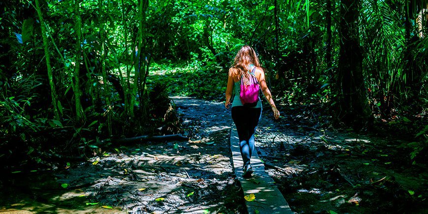 Vrouw loopt door het regenwoud in het Corcovado Nationaal Park in Costa Rica